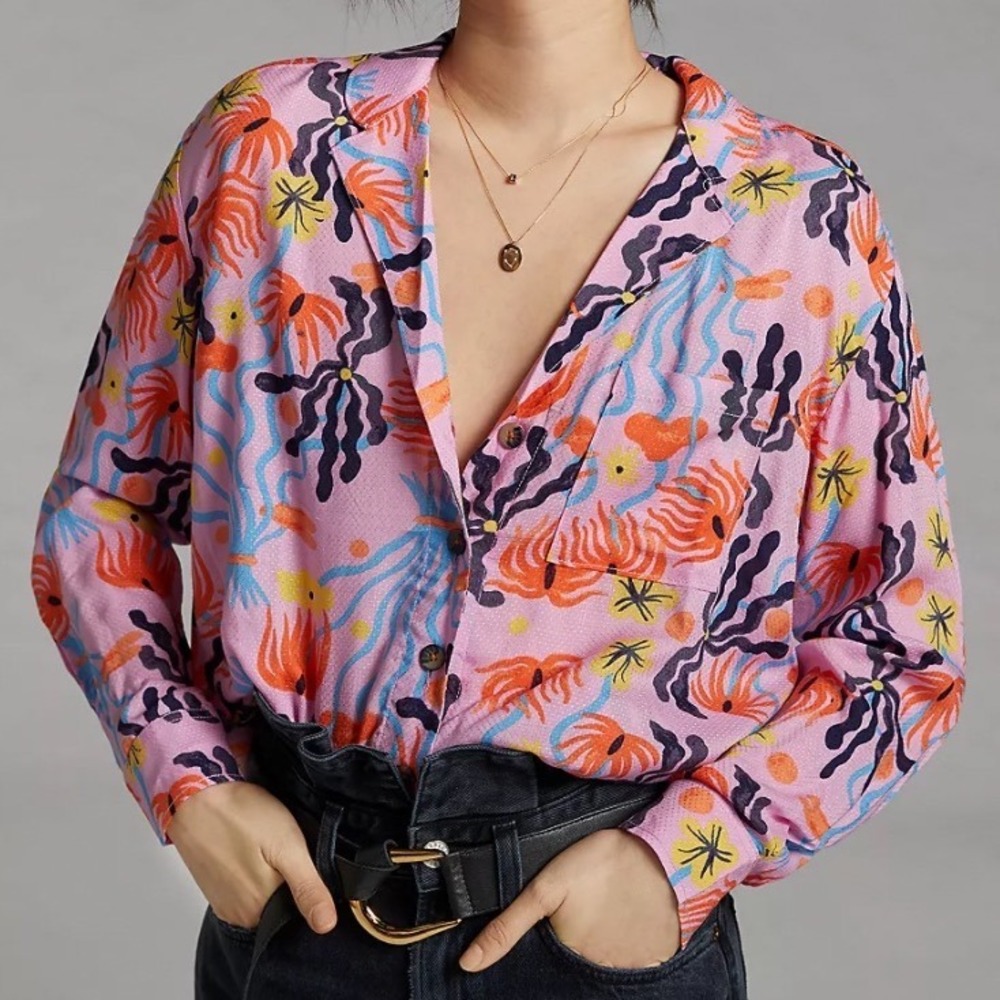 Art of Anthropologie Meg Fransee Charmer Buttondown Pink Blue Marine Botanical M